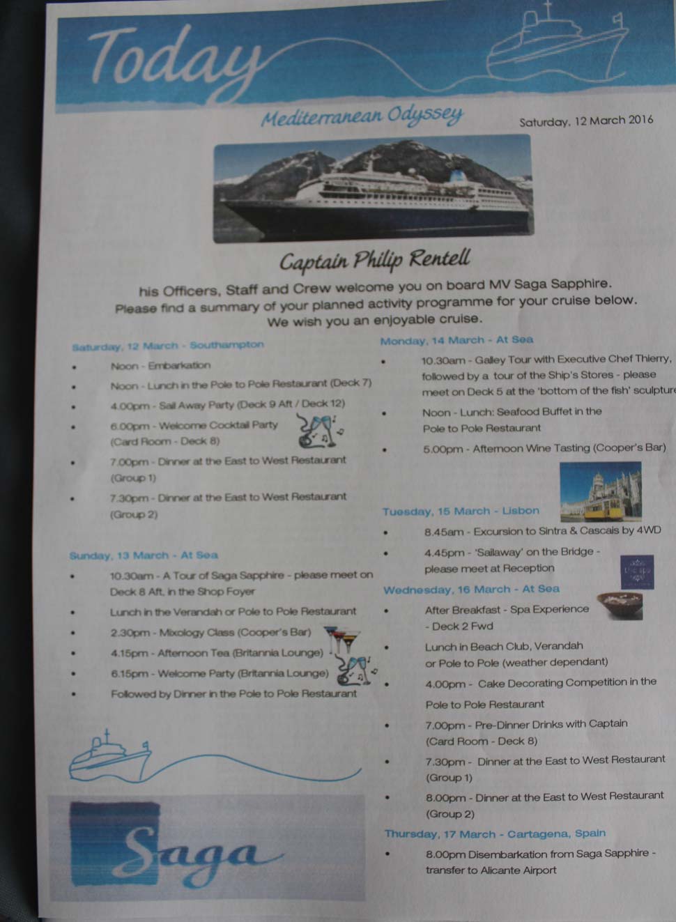 Activities sheet on board Saga Sapphire